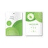 A small printed name tag in green and white, featuring circular designs and a hole for attachment.