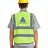 A hi-vis yellow vest with reflective tapes and functional pockets, featuring a logo on the back.