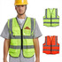 A hi-vis vest in fluorescent yellow and orange, featuring reflective tapes and functional pockets, with a logo.