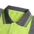 A close-up of a unisex hi-vis reflective polo shirt in bright yellow and grey, featuring a collar with striped detailing.