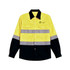 A long-sleeve, unisex cotton hi-vis shirt in yellow and black with reflective strips and a logo on the chest.