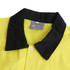 A unisex long-sleeve shirt in bright yellow with a black collar and button detail, featuring a logo.