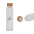 A drink bottle made of clear glass with a bamboo lid and a logo on the front.