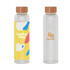 A drink bottle featuring a transparent design with a bamboo lid and colourful abstract motifs. It has branding on one side.