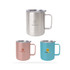 A stainless steel mug set featuring pink, blue, and silver finishes, each with a logo and a clear lid.
