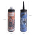 A drink bottle featuring a double wall design in orange and blue, with a sports logo and a squeeze top for easy use.
