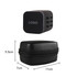 A black travel adapter with a compact design, accompanied by a matching black storage case.