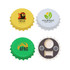 A drink bottle opener featuring four different cap designs in yellow, white, and green, with logos.