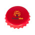 A red bottle cap with a serrated edge, featuring a logo. The background is plain white.