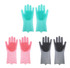 Silicone cleaning gloves in pink, grey, and teal, featuring textured surfaces for enhanced grip and cleaning effectiveness.