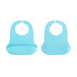 Two blue silicone bibs with snap closures, featuring a pocket at the bottom for catching spills.