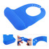 A blue silicone bib with snap closure featuring a wide pocket and adjustable neck. It has a logo on the side.