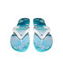 A pair of rubber thongs featuring a blue water design and white straps, with a logo on the sole.