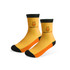 Ankle custom pattern woven bamboo socks in yellow, orange, and black with a logo on one side.