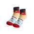 Ankle custom pattern woven socks in blue, red, and beige with a logo design.