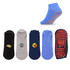 Low cut gripper socks in black, grey, and blue, featuring various designs and an anti-slip sole.