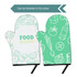 A green neoprene oven mitt featuring food illustrations on one side and a simple design on the other. It has a logo.
