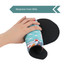 A neoprene oven mitt featuring a colourful design and a textured black grip on the underside is being held by a hand.