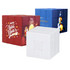 Three vibrant 3x3 puzzle cubes in red, blue, and white featuring holiday-themed designs and a logo.