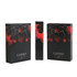 A set of custom playing cards in a black and red box featuring heart and spade designs, with a logo on the packaging.