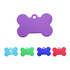 A set of pet ID tags in various colours, including purple, green, blue, and red, shaped like bones. One tag has a logo.
