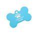 A blue bone-shaped Pet ID tag with a paw print design and a logo.