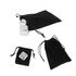 Stainless steel ice cubes in black velvet pouches, featuring a shiny silver finish and three different sizes.