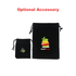Two black drawstring pouches with a logo, one larger and one smaller.