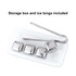 A storage box with four stainless steel ice cubes and ice tongs, all featuring a shiny silver finish.
