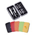 A stylish manicure set in a sleek case, featuring silver tools and a variety of coloured cases: black, red, green, and yellow.