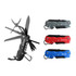 A multifunction pocket knife in black with various tools, alongside three additional knives in grey, red, and blue.