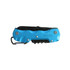A multifunction pocket knife in bright blue, featuring various tools and a keyring attachment.