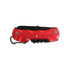 A red multifunction pocket knife featuring various tools and a keyring attachment. It has a logo on the handle.