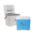 A cooler box in white and blue with an open lid, featuring a logo on the front.