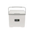 A white cooler box with a grey handle and a small logo on the front.