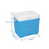 A blue 13L cooler box with a white lid and a side handle, featuring measurements displayed beside it.