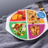 A melamine portion plate featuring divided sections with colourful foods including fruits, salad, oats, and chicken.