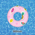 A pink inflatable swim ring featuring fruit and ice cream motifs, measuring 90cm in diameter.