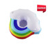 An inflatable cup holder featuring a multicoloured rainbow design with a white cloud shape. It has a branding logo.