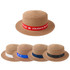 A straw hat with a wide brim, featuring a red ribbon, alongside four additional hats in white, blue, and black bands.