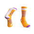 Premium crew socks in vibrant orange with purple stripes and a towel bottom, featuring a logo on the side.