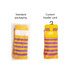 Bright yellow and purple striped socks displayed in standard packaging and with a custom header card, featuring a logo.