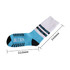 Crew Woven Bamboo Work Socks in blue and white, featuring a logo and striped design. Dimension markings included.