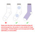 Three pairs of socks featuring various patterns: circular designs in blue and grey, and a solid lavender pair, all with a grey cuff.