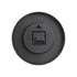 A round black wall clock with a simple design, featuring a back panel with a mounted battery compartment and a hanging hook.
