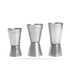 A set of three stainless steel double jiggers in different sizes with a branded logo on one.