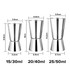 A set of three stainless steel double jiggers in varying sizes, featuring a polished finish and measurement markings.