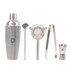 A drink bottle and four stainless steel cocktail tools including a strainer, jigger, stirring spoon, and tongs.