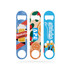 A drink bottle opener set featuring three colourful designs with various patterns and a logo.