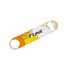 A drink bottle opener featuring a vibrant yellow and orange design with a logo. It has a sleek, flat shape.